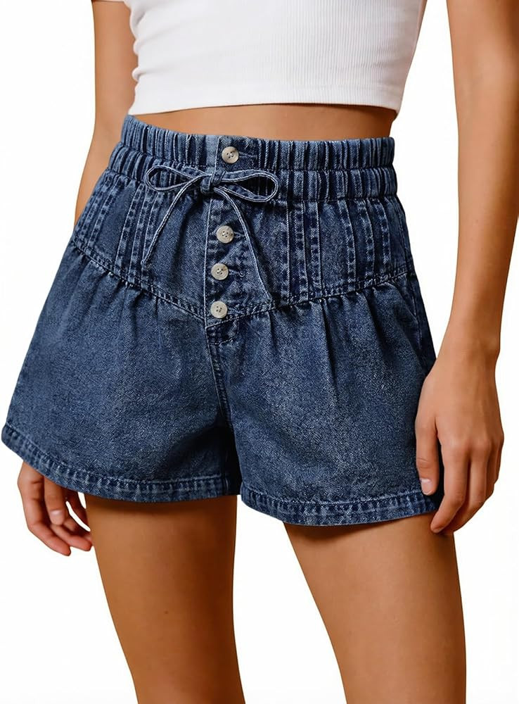 Tankaneo Womens Summer Flowy Jean Shorts Casual Drawstring Elastic Waist Buttons Pleated Baggy De... | Amazon (US)