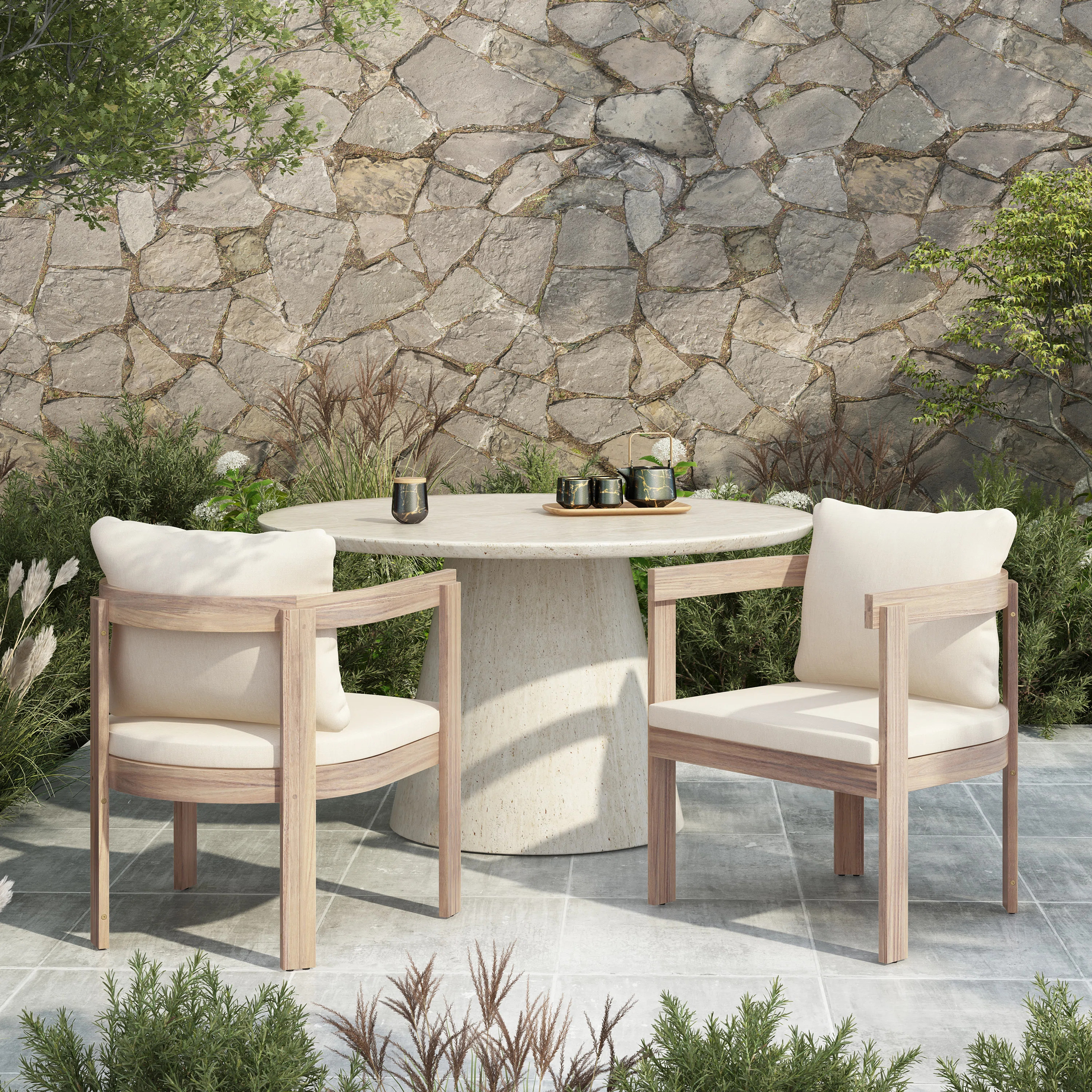 Modern Coastal Acacia Wood Outdoor Dining Armchairs with Cushions | Wayfair North America