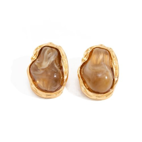 ZDPIQ Light Brown Baroque Faux Pearl Earrings for Women 18K Gold Plated Irregular Resin Stud Earrings Chunky Amber Statement Earrings (Light brown and gold) | Amazon (US)