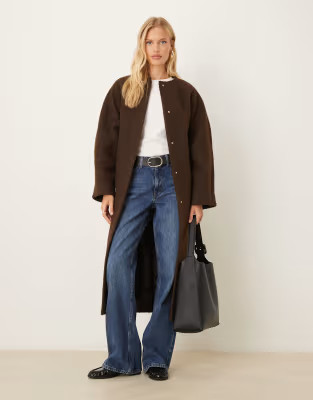 ASOS DESIGN collarless boucle longline formal coat in bitter chocolate | ASOS (Global)