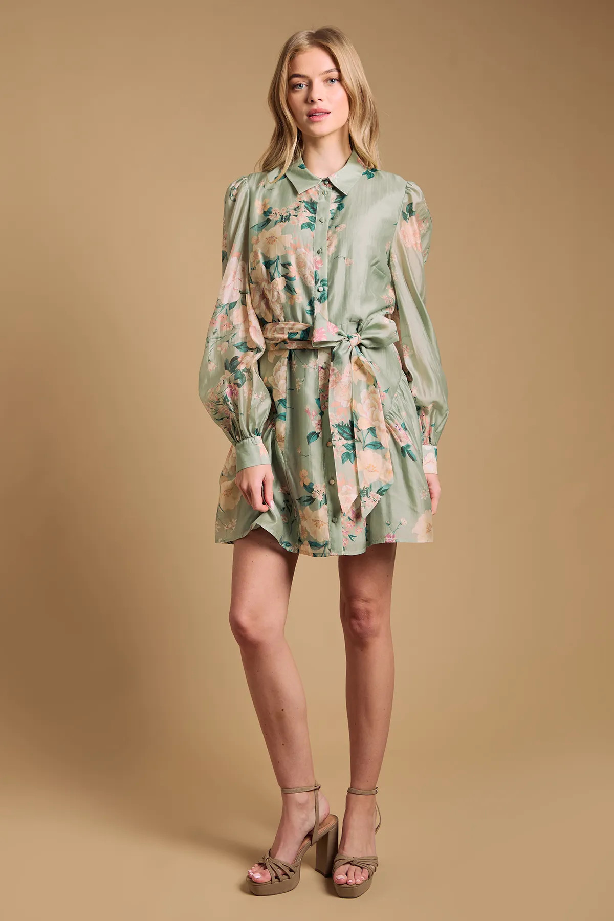 Sage Oasis Belt Detail Volume Sleeve Shirt Dress | Karen Millen | Karen Millen UK + IE + DE + NL