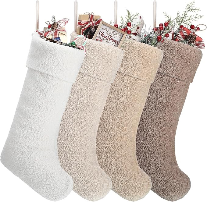 4 Pcs Neutral Christmas Decorations 18 Inch Large Plush Beige Brown Stocking Faux Lambswool Xmas ... | Amazon (US)