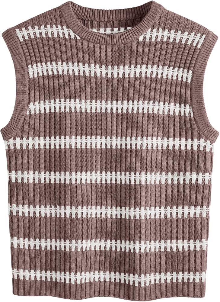 LILLUSORY Sweater Tank Tops for Women Fall Crew Neck Sweater Sleeveless Striped Knit Vest | Amazon (US)