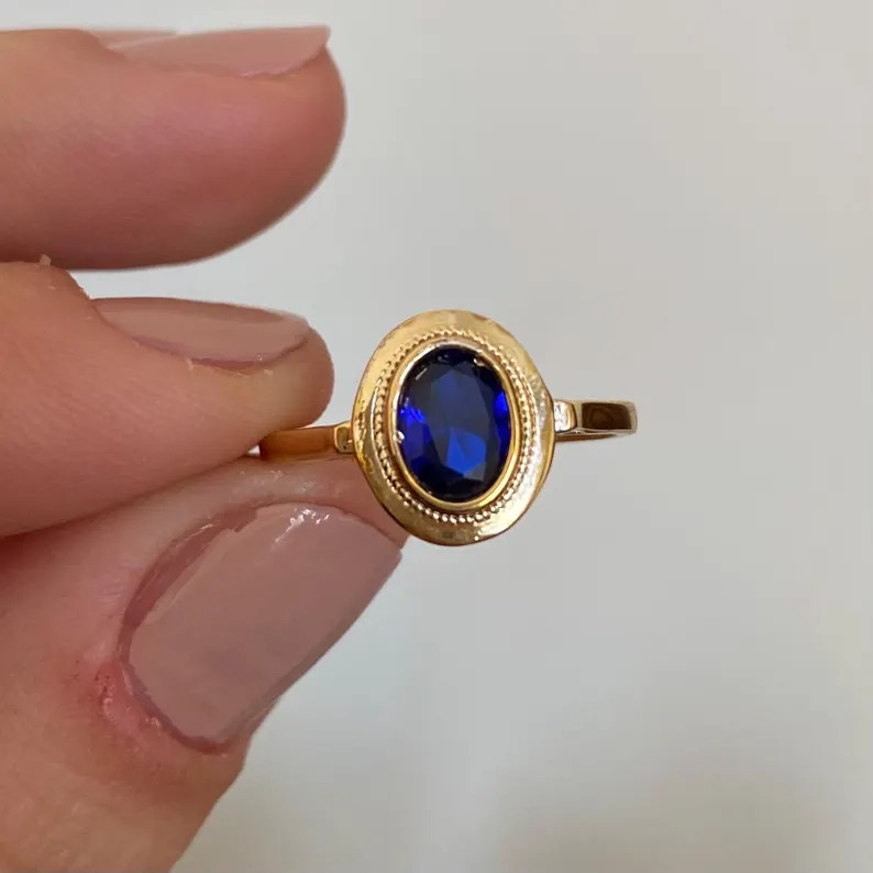 14k Solid Gold Sapphire Ring / Oval Shape Sapphire Gemstone Statement Ring Women / Blue Sapphire ... | Etsy (US)