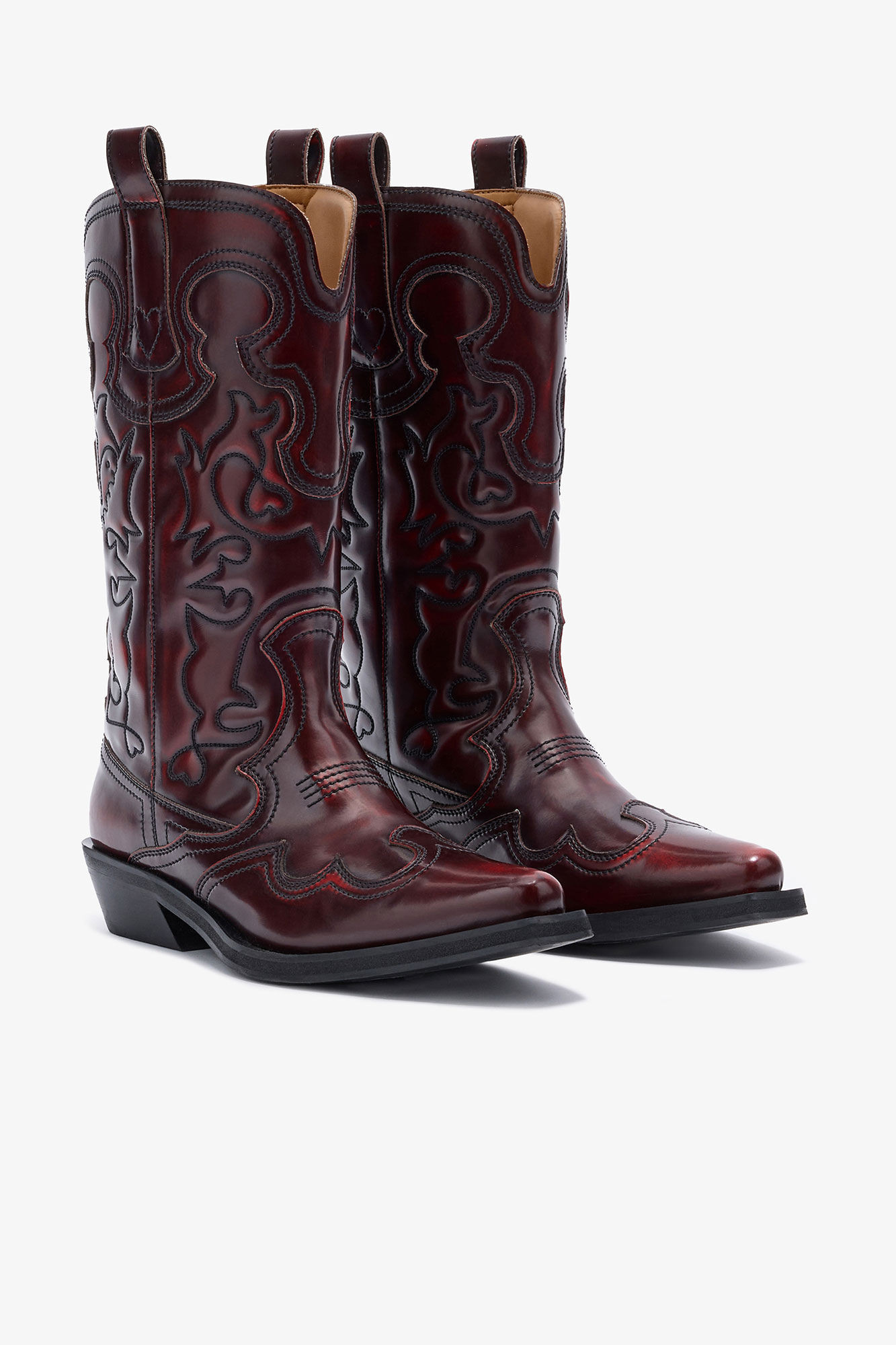 Mid Shaft Embroidered Western Boots in Burgundy | Ganni