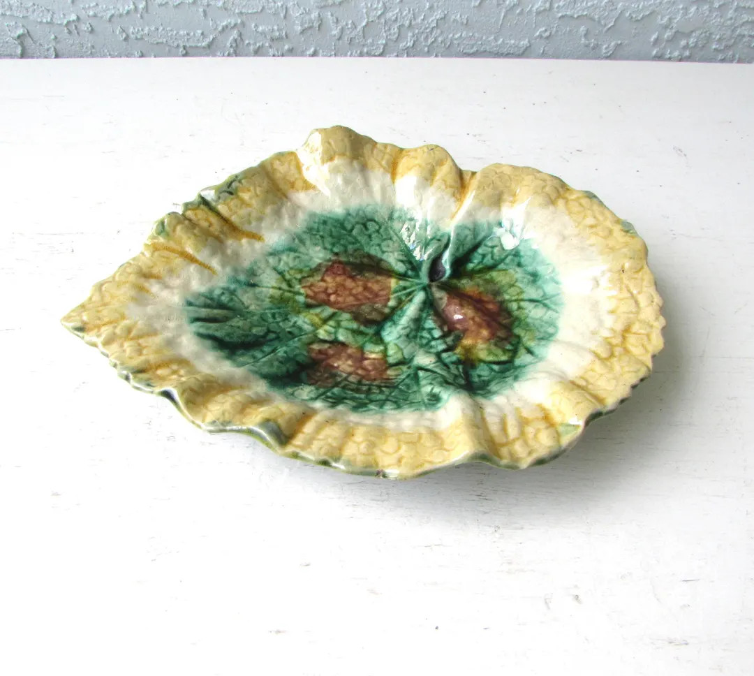 Vintage Majolica Style Dish - Leaf Design - Etruscan Majolica - Golds - Greens - Browns - Candy D... | Etsy (US)