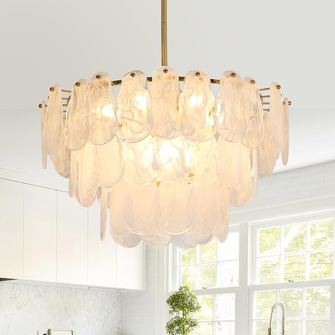 Modern Gold Glass Chandeliers, 23.6" Luxury Cloud Pendant Light Fixture, 3-Layer Round Ceiling Ha... | Amazon (US)