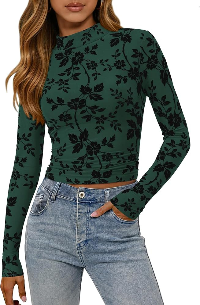 MASCOMODA Mesh Long Sleeve Tops for Women 2025 Trendy Mock Neck Crop Going Out Fitted Floral Shir... | Amazon (US)