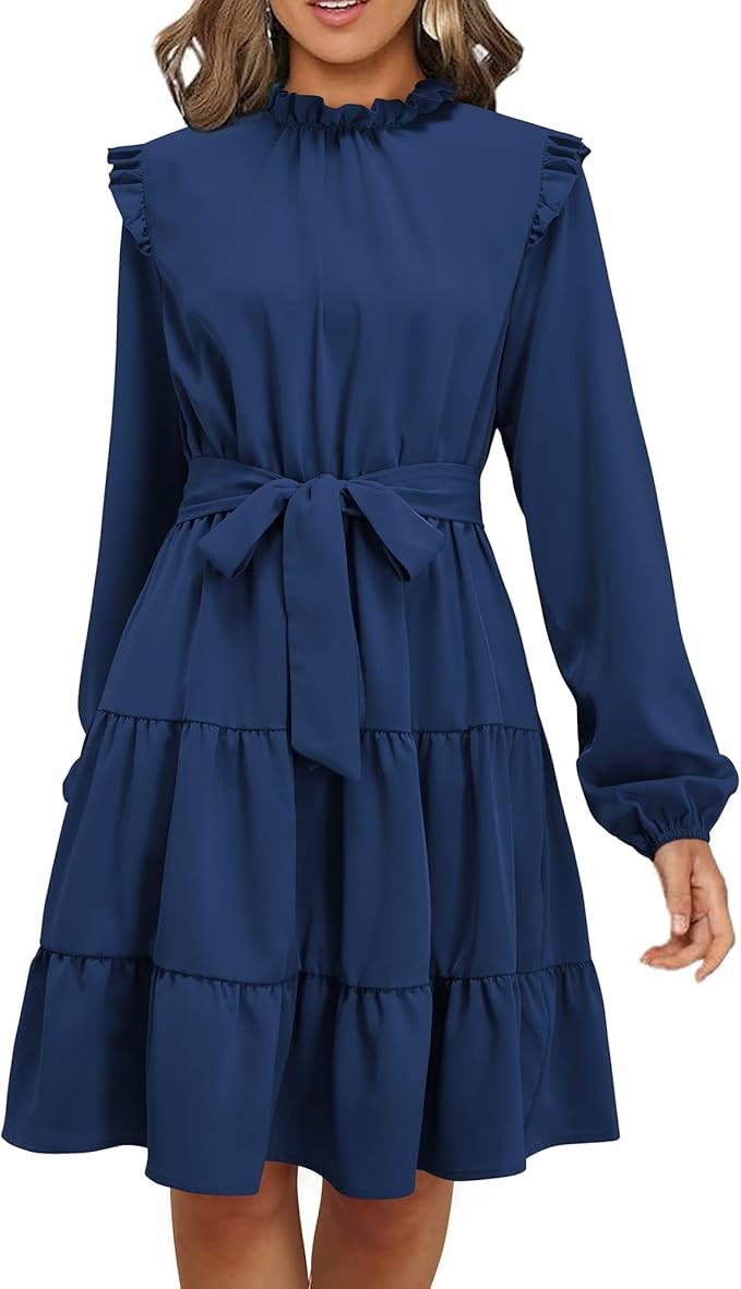 KILIG Women's Long Sleeve Ruffle Mock Neck Casual Short Mini Swing Dress with Belt(Navy,Small) at... | Amazon (US)