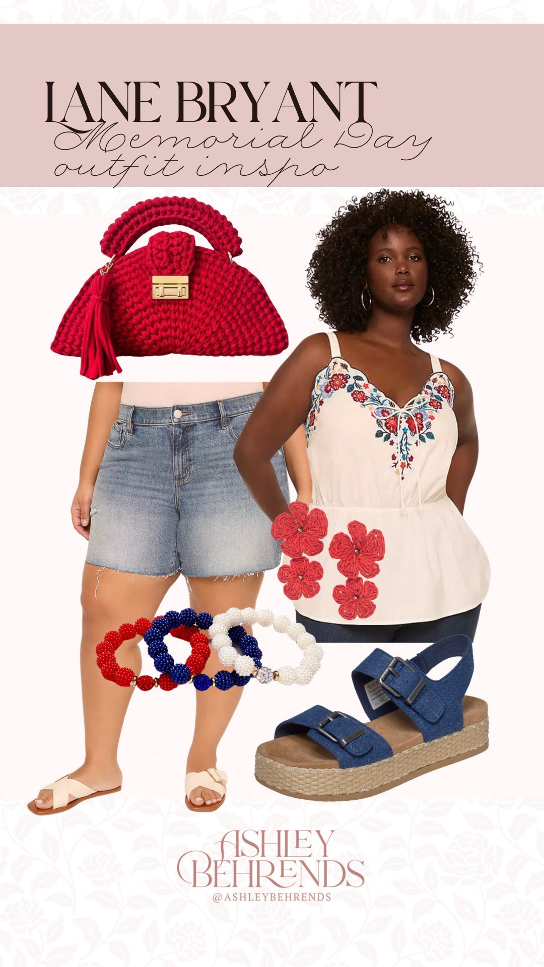 Loving this festive @Lane Bryant look for Memorial Day! The embroidery flowers 🌹 on this top are beautiful and the flowy fit is so flattering for my fellow baddies with bellies. I love the length of these denim shorts and I can’t get over these denim look sandals. I added an Amazon purse, earrings and beaded bracelet to complete this adorable look. 
Plus size approved shorts, size inclusive summer outfit