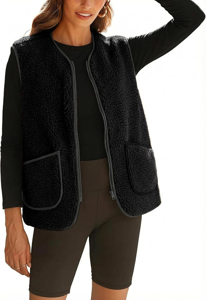 Zhiyouni Women's Fuzzy Fleece Vest Casual Sleeveless Sherpa Jacket Coat Gilet with Pockets | Amazon (US)