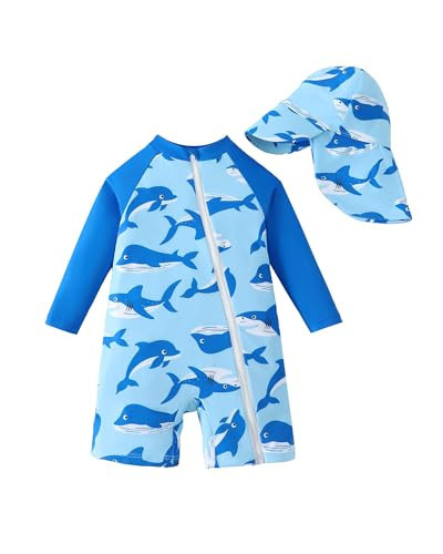 Toddler Swimsuit Boy 12-18 Months One-Piece Baby Boy Bathing Suit Swim Zip Rashguard Blue Shark Baby Boy'S Swimwear With Sun Hat | Amazon (US)