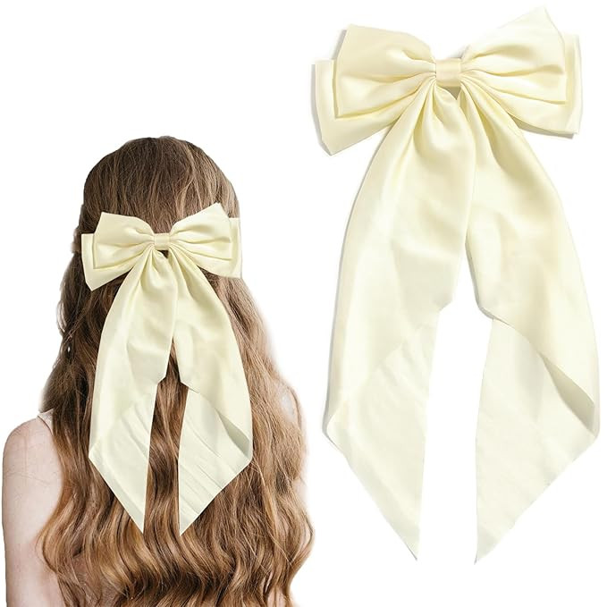 Women Big Bow Barrettes Girl's Satin Hairclips Long Ribbon Hair Pins Accessories For Party (Beige... | Amazon (US)