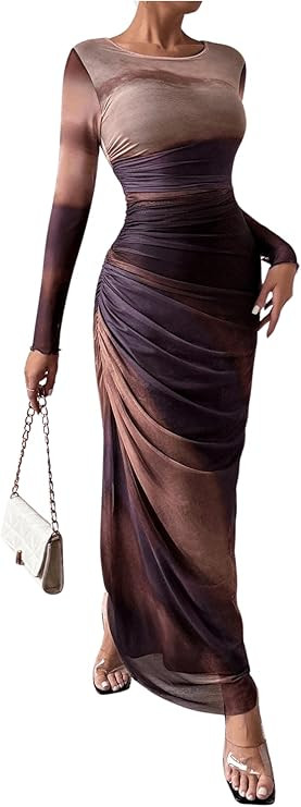 Women's Tie Dye Ruched Long Sleeve Dress Mesh Slim Fit Bodycon Maxi Dresses | Amazon (US)
