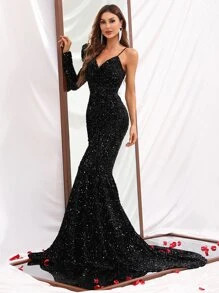 HomeWomen ClothingWomen DressesAsymmetrical Neck Sequin Prom Dress | SHEIN