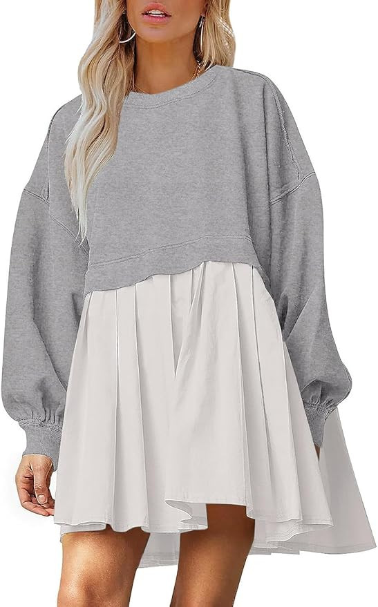 Dokuritu Sweatshirt Dress Women Crew Neck Long Sleeve Patchwork Pullover Tops Flowy Oversized Swe... | Amazon (US)