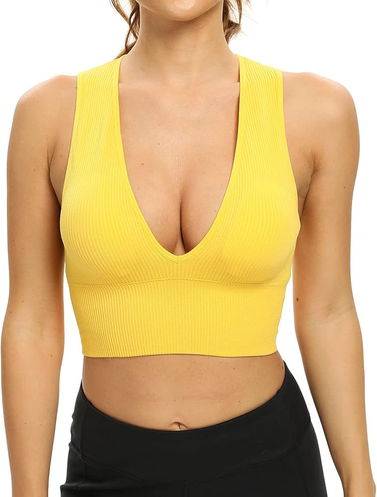 Venbond Women's Sexy Sleeveless Seamless Crop Top Deep Plunge V Neck Ribbed Tank Top with Removab... | Amazon (US)