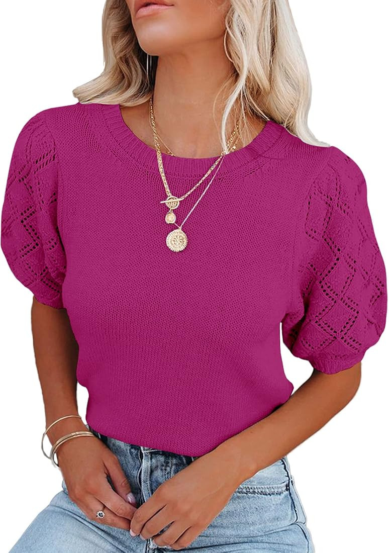 Womens Short Sleeve Sweaters Crewneck Knit Pullover Tops 2023 Fall Casual Lightweight Crochet Blouse | Amazon (US)