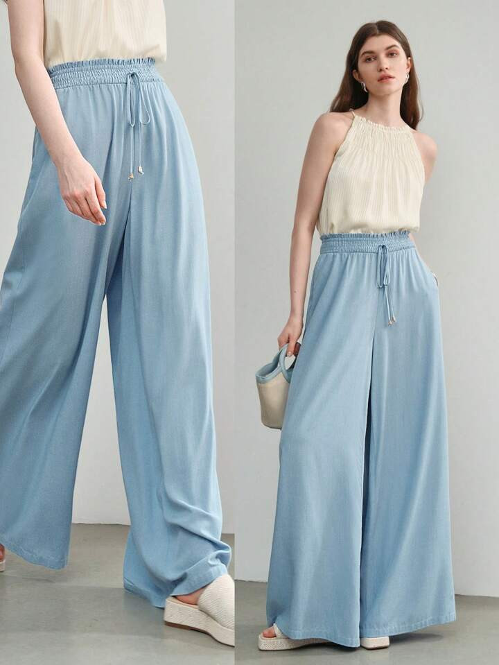 MOTF PREMIUM SOLID SHIRRED KNOT WAIST WIDE LEG PANTS | SHEIN