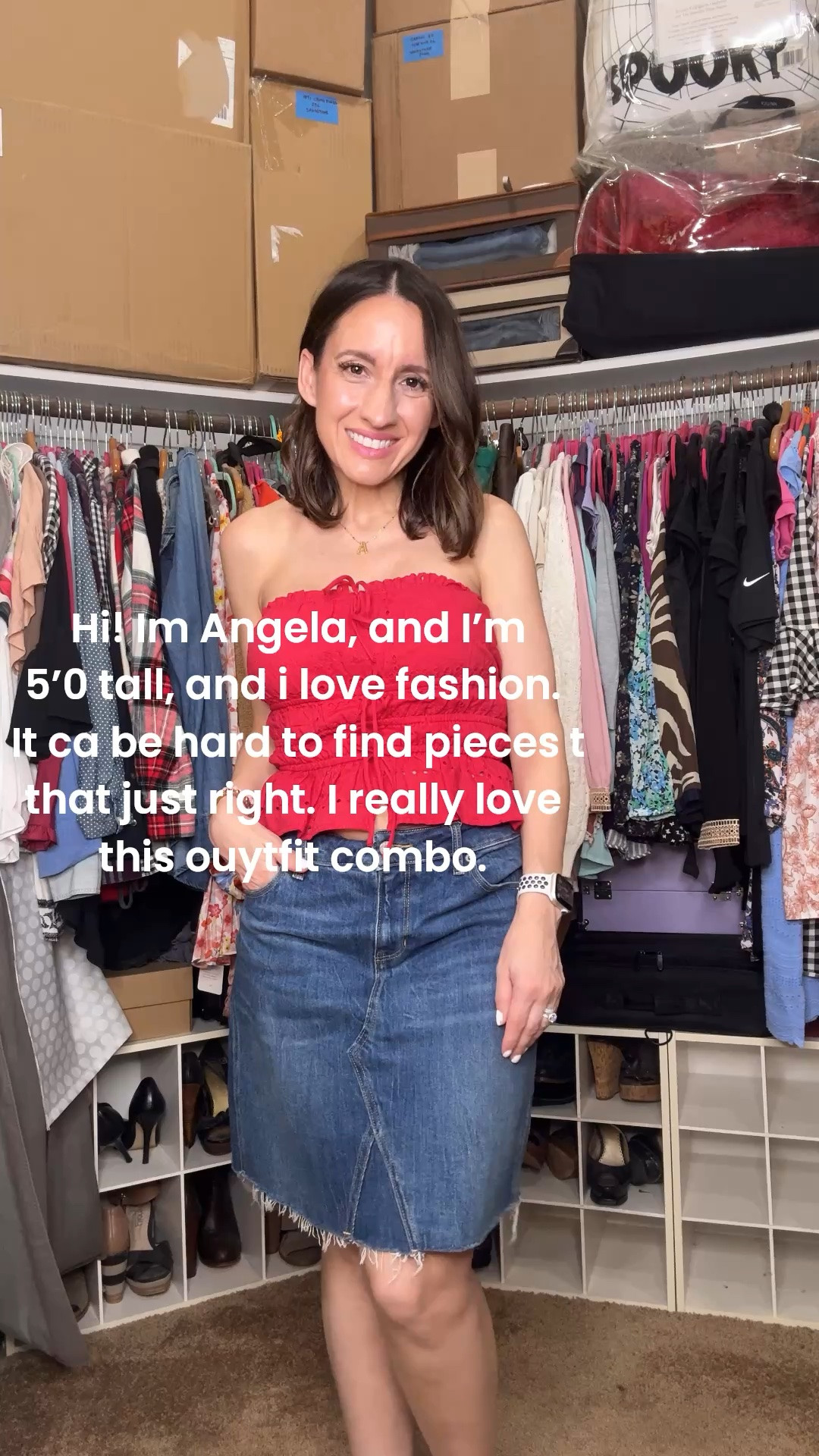 Red strapless top and jean skirt. 
I love the fit of this little red top. It runs true to size. Wearing a small. 
Petite style
Petite outfit 
Country concert outfit 
Date night outfit