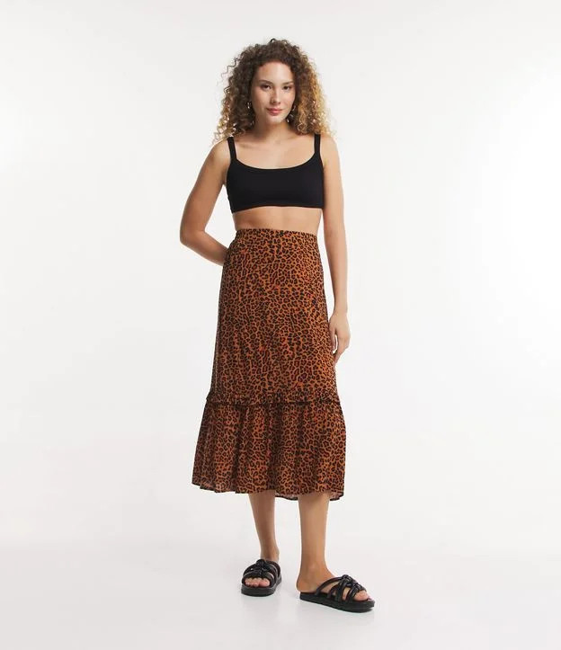 Saia Midi em Viscose Estampa Animal Print e Babado na Barra Marrom - Lojas Renner | Renner (BR)