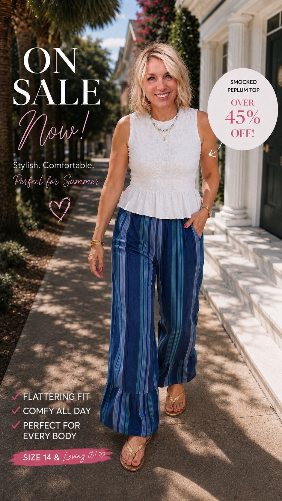 midsize fashion, midsize style, size 14 fashion, over 50 fashion, women over 50 style, summer outfit ideas, peplum top, smocked top, summer fashion finds, affordable fashion, vacation outfit, resort wear, wide leg pants, striped pants, casual chic outfit, comfortable summer outfit, Walmart fashion, Amazon fashion finds, flattering outfits, everyday style, summer style inspiration, midlife fashion, fashion over 50, casual summer look, outfit inspiration, coastal style, Charleston style, gold sandals, boutique style, sale alert, fashion deals