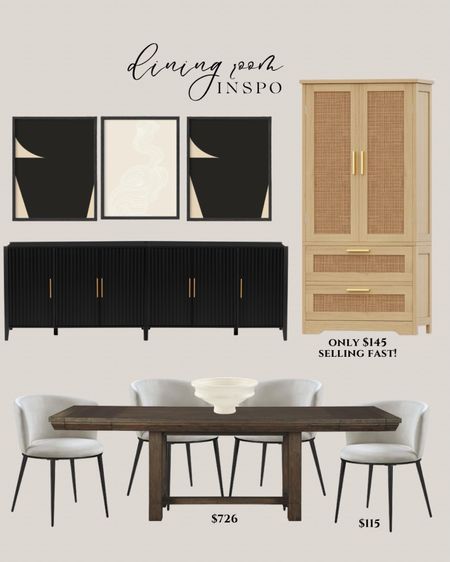 Amazon dining room inspiration:
Dark brown dining table. White dining chairs modern. Black cabinet modern. Dark brown cabinet tall. Gold chandelier traditional. Abstract wall art.

#LTKhome #LTKsalealert