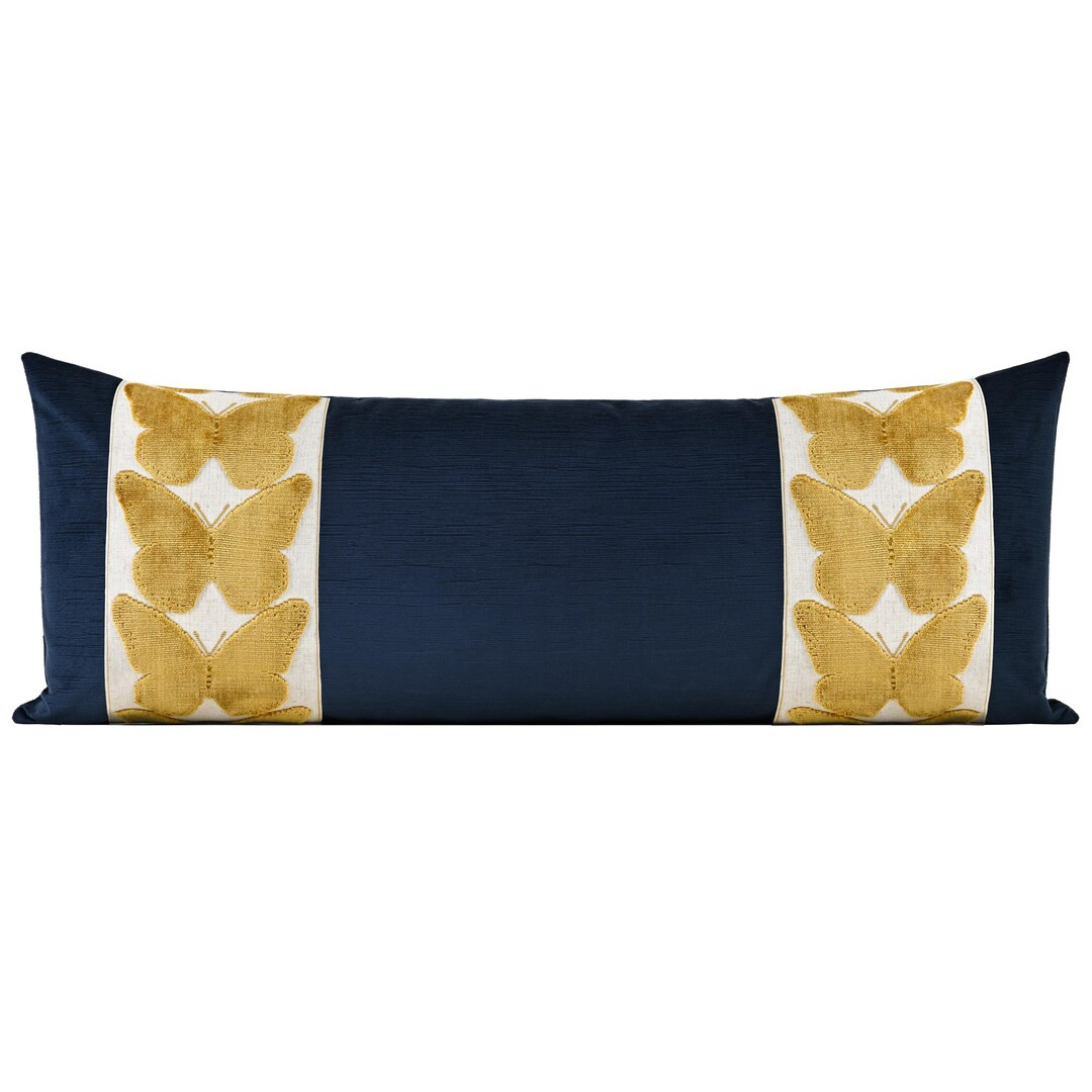 XL Lumbar Pillow Cover | Striated Velvet Pillow Cover With Large Butterfly Trim | Dark Navy Blue ... | Etsy (US)