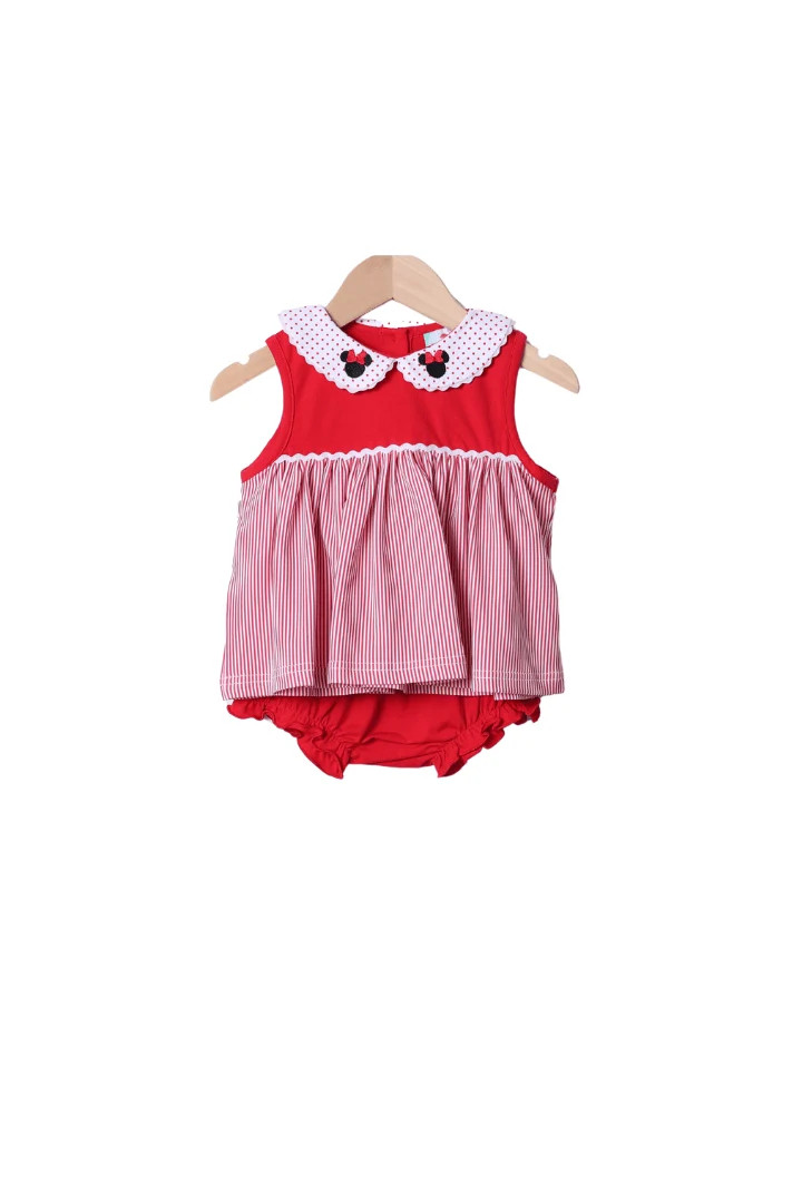 Mouse Red Knit Stripe/Polka Dot Bloomer Set | The Smocked Flamingo