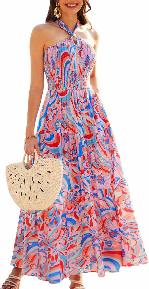 GRACE KARIN Women's Summer Dresses 2024 Halter Neck Sleeveless Smocked Backless Cut Out Floral Fl... | Amazon (US)