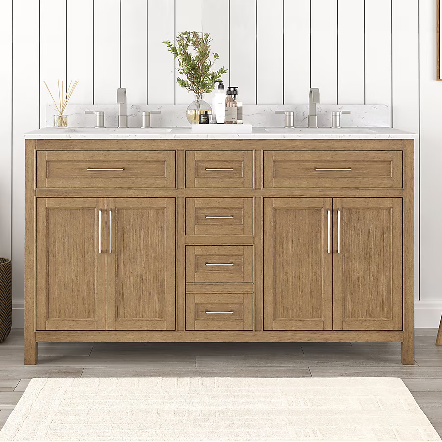 allen + roth Connery 60-in Warm Oak Undermount Double Sink Bathroom Vanity with White Engineered ... | Lowe's