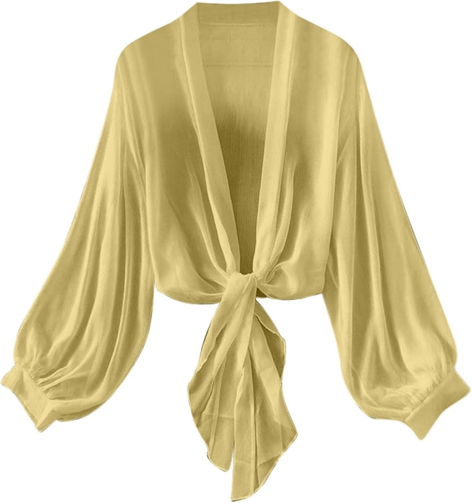 Women Tie Front Bathing Suit Cove Up Chiffon Kimono Crop Top Swimsuit Cardigans Long Sleeve Beach... | Amazon (US)