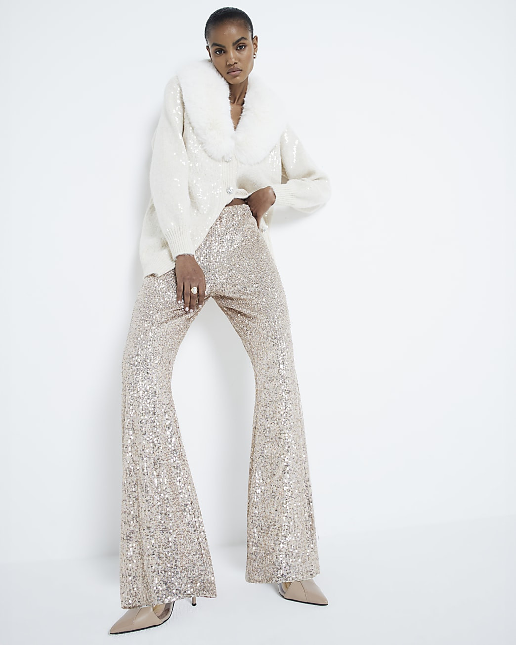 Rose Gold Sequin Pull On Trousers | River Island UK & IE
