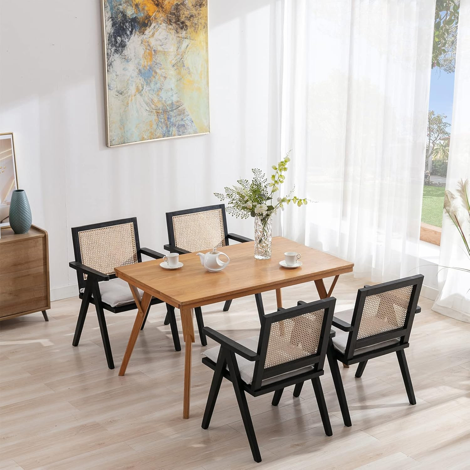 ZHENGHAO Rattan Dining Chairs Set of 4, Mid Century Modern Linen Accent Chairs with Mesh Back Uph... | Amazon (US)