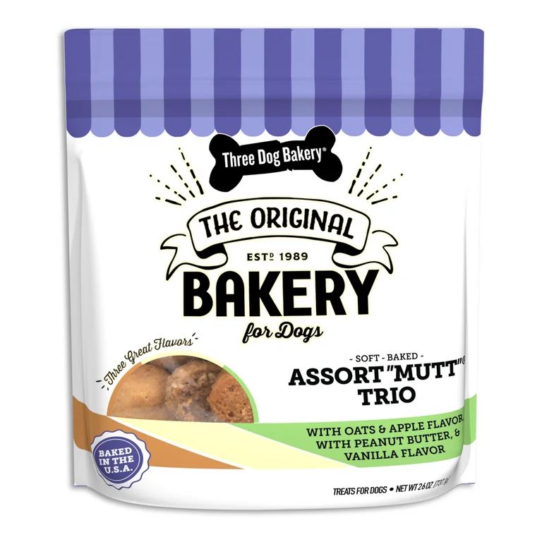 Three Dog Bakery Assort"mutt: Peanut Butter, Vanilla, Oats & Apple Flavor Soft Treats for Dogs, 2... | Walmart (US)