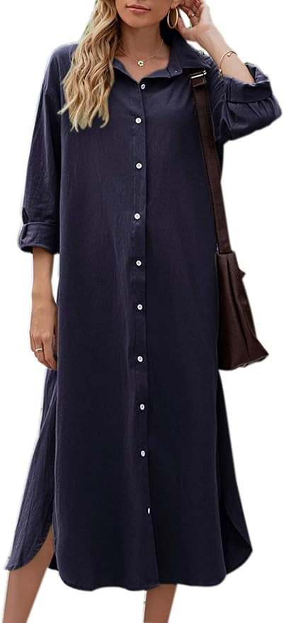 Sopliagon Women Cotton and Linen Shirt Dress Casual Loose Maxi Dresses | Amazon (US)