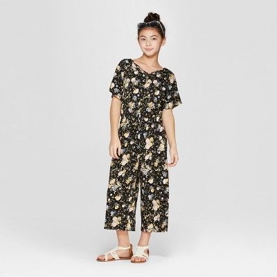 Girls' Floral Short Sleeve Jumpsuit with Criss Cross Back - art class™ Black | Target