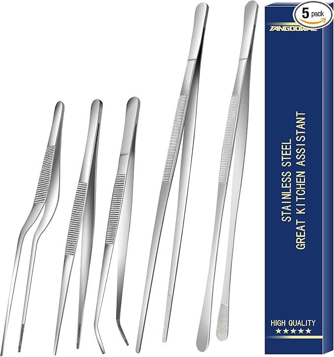 5 Pcs Kitchen Fine Tweezer Tongs, Stainless Steel Food Tweezers Set, Professional Kitchen Long Tw... | Amazon (US)