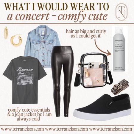 Comfy cute concert outfit idea, Taylor swift concert, country concert, earrings, black slip on shoes, living proof, clear bag, clear purse, amazon finds, denim jacket, oversized graphic tee

#LTKstyletip #LTKunder100 #LTKFestival