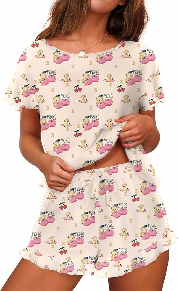 Ekouaer Women's Pajama Set Ruffle Sleeves Top and Short Soft 2 Piece Loungewear Set | Amazon (US)