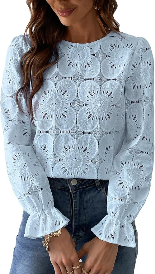 CUPSHE Women Eyelet Long Sleeve Tops Shirts Dressy Hollow Out Crochet Lace Embroidered Blouses 20... | Amazon (US)