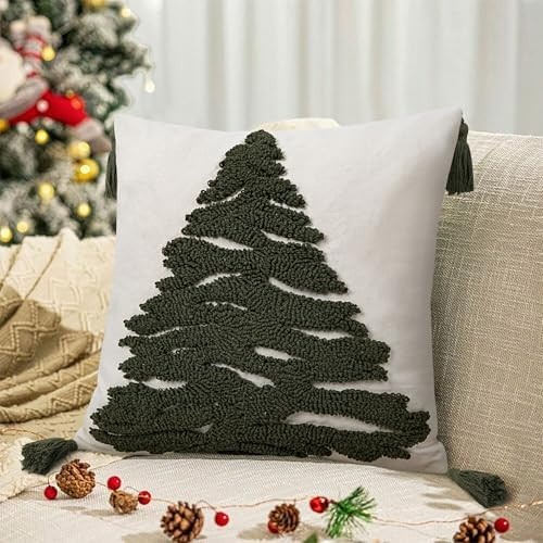 JASEN Embroidered Christmas Tree Pillow Cover, Green Tufted Throw Pillow Cover with Tassels, Hand... | Amazon (US)