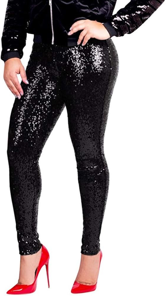 ZYXTIM Women's Shiny Sequin Petite Pants High Waist Stretchy Casual Hip Hop Club Wear Straight Le... | Amazon (US)