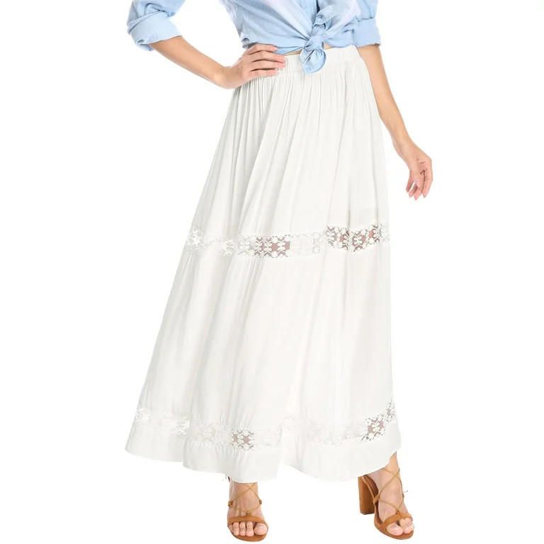 Allegra K Women's Long Skirts Elastic Waist Lace Insert A-Line Maxi Skirt - Walmart.com | Walmart (US)
