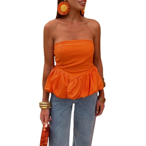 Yuemengxuan Women Y2K Strapless Peplum Tube Top Sleeveless Bubble Ruffle Hem Bandeau Top Y2k Girls Cute Cami Top Bustier Top (Orange #A, L), Large | Amazon (US)