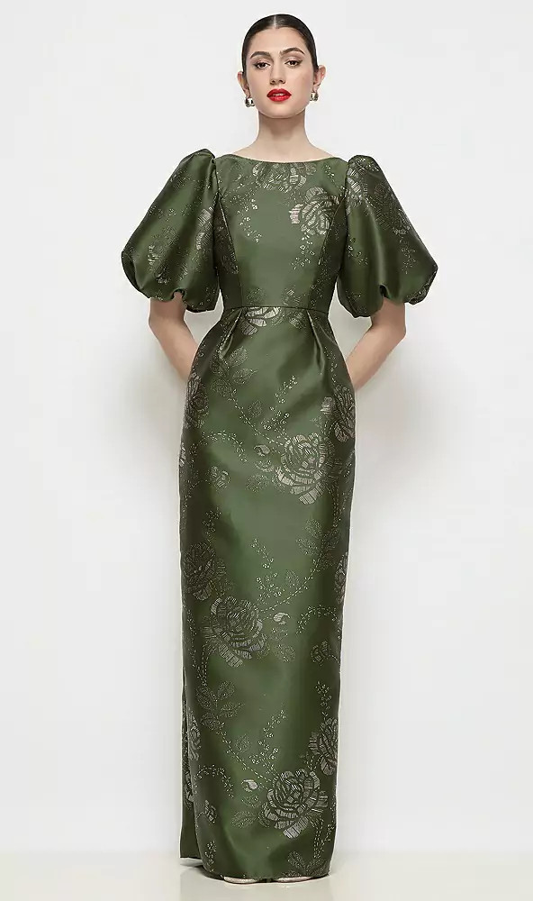 Bateau Neck Embossed Gilt Floral Satin Column Maxi Dress with Puff Sleeves in Olive / Gold | Dessy Group