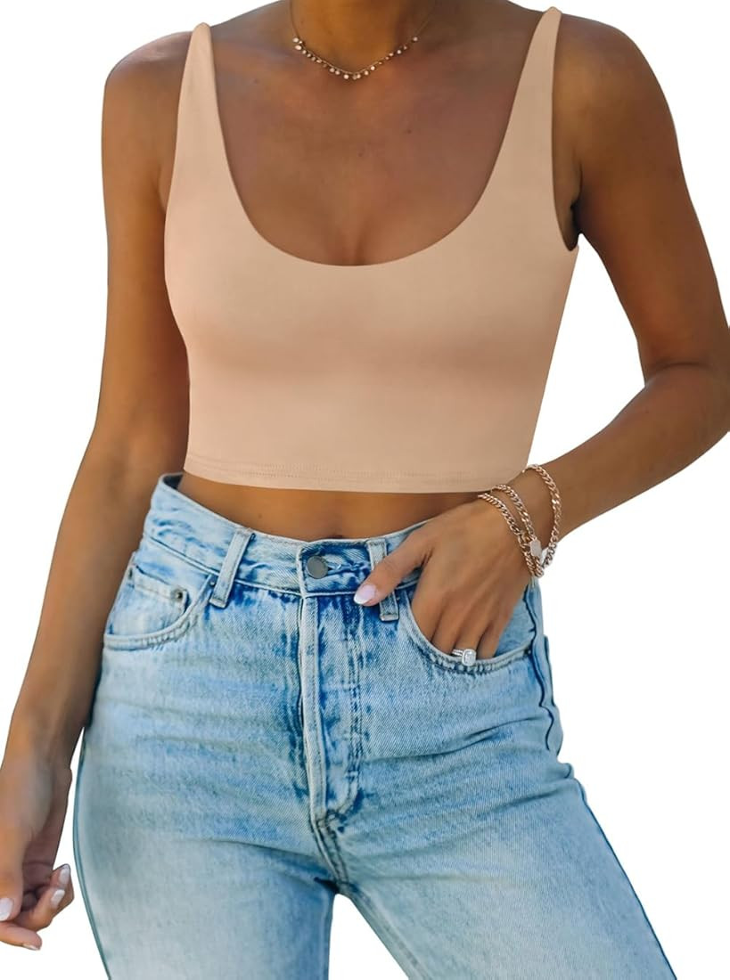 REORIA Women's Sexy Deep Scoop Neck Double Lined Seamless Sleeveless Cropped Cami Tank Yoga Crop Top | Amazon (US)