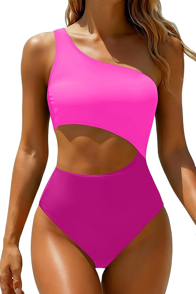 Yonique Women's One Piece Swimsuit- One Shoulder Bathing Suit Cutout Tummy Control Swimwear Pink ... | Amazon (US)