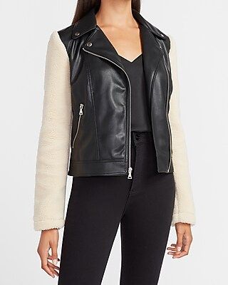 Faux Shearling Sleeve Moto Jacket | Express