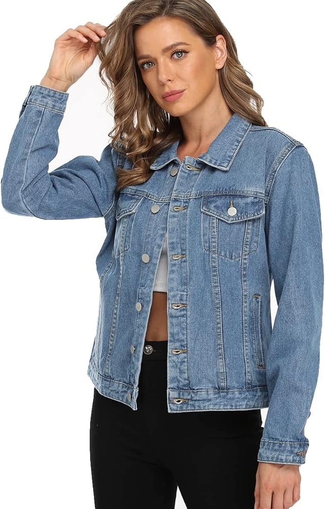 PEIQI Classic Jean Jacket for Women Basic Long Sleeve Button Down Denim Jackets | Amazon (US)